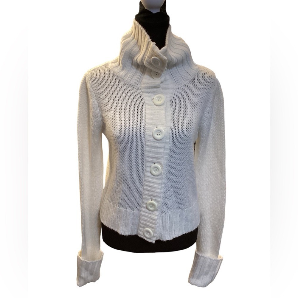 FINESSE Women's White Button Up Turtleneck Knit Sweater Cropped Cardigan Size M